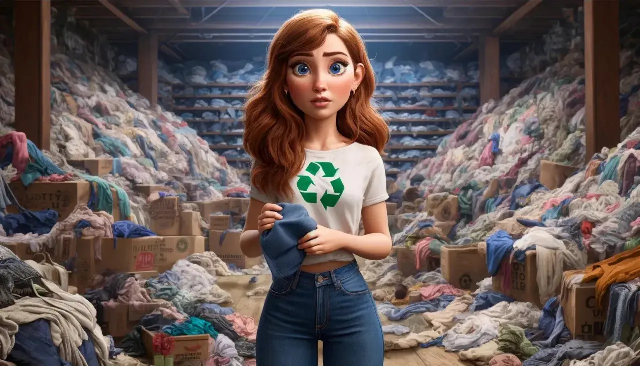 Chica con camiseta de reciclaje rodeada de montañas de ropa, un reflejo del impacto del fast fashion.