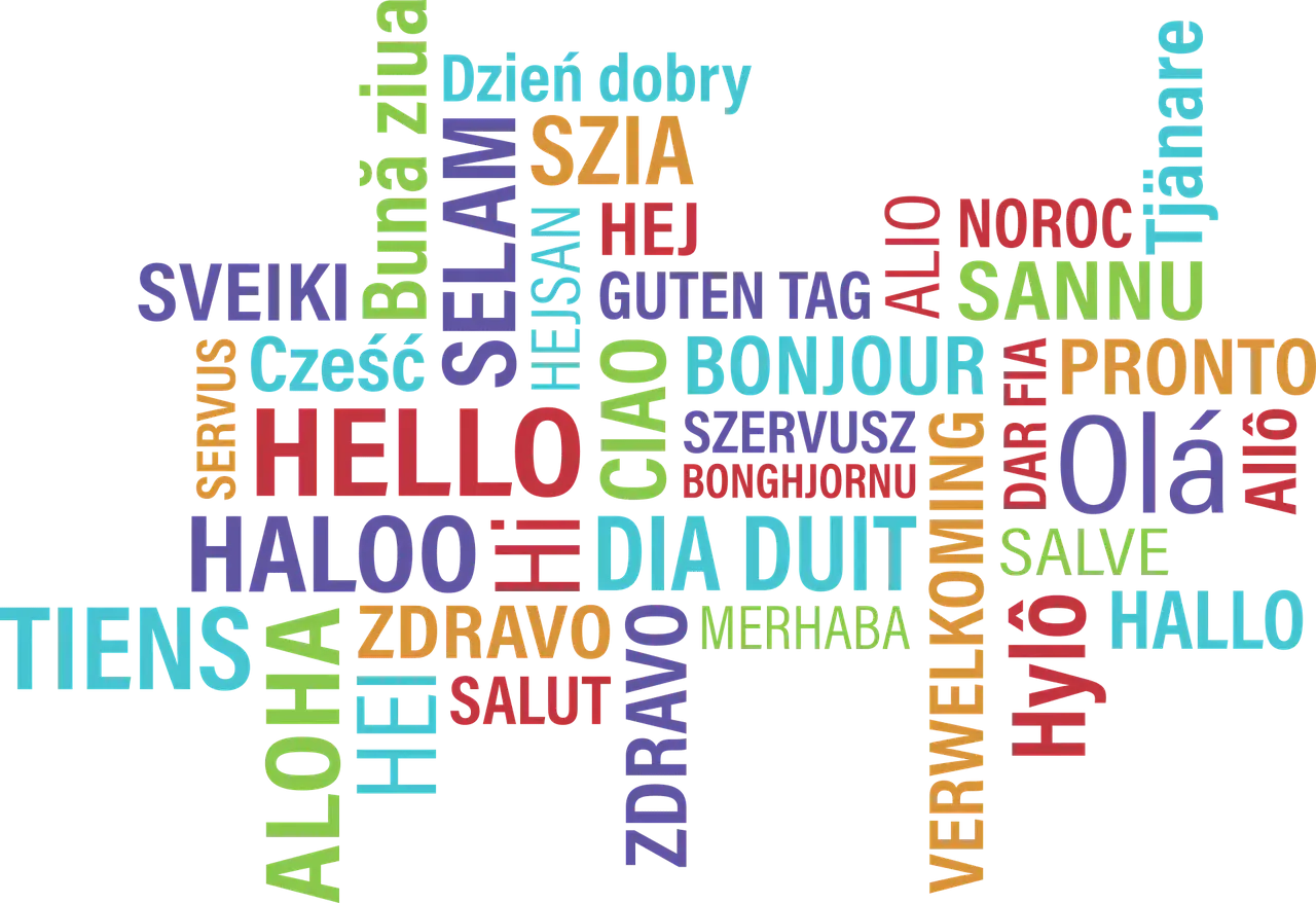 Witaj w świecie! Kolorowe słowa powitania, w tym polskie "Dzień dobry", tworzą mozaikę języków.