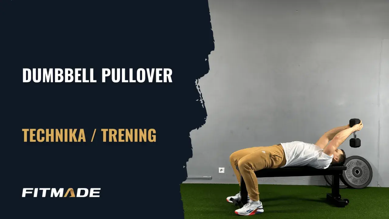 Mężczyzna wykonuje ćwiczenie **dumbbell pullover** na ławce, trzymając ciężarek nad głową.