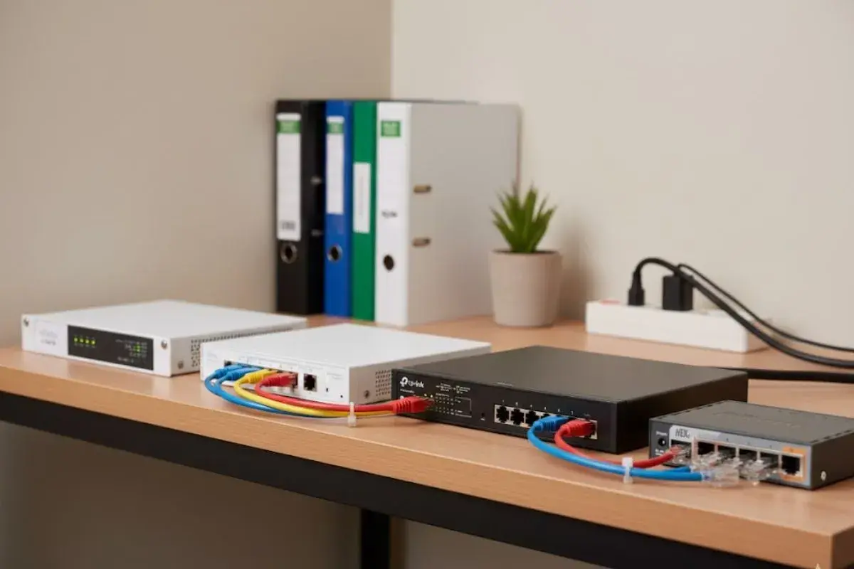 Kilka switchy sieciowych na biurku, podłączonych kablami Ethernet. Pokazuje, jak działa switch do internetu, łącząc urządzenia.
