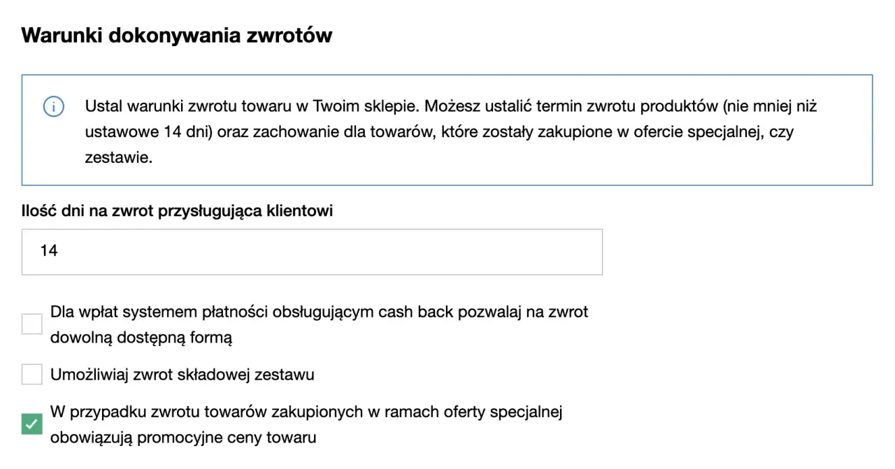 Ustawienia zwrotów: klient ma 14 dni na zwrot towaru. Zaznaczono opcję zwrotu towarów z oferty specjalnej.