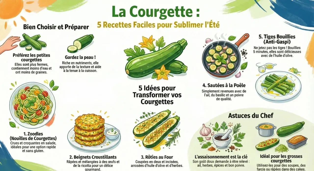 Infographie sur la courgette : 5 idées recette pour la sublimer. Zoodles, beignets, rôties, sautées, tiges bouillies. Astuces pour choisir et préparer.