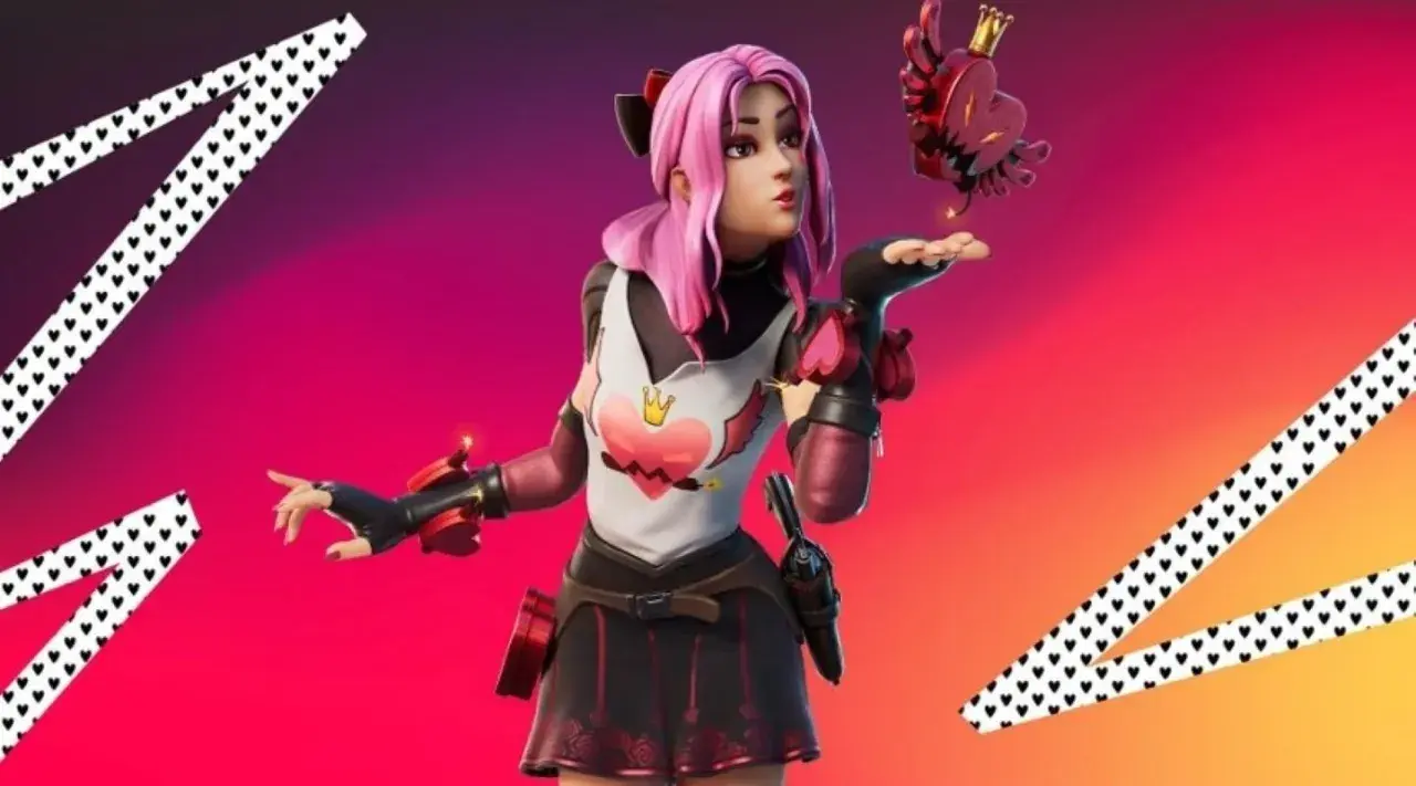 Dziewczyna z różowymi włosami i sercem na koszulce, która dmucha całusa do latającego serca. To jedne z najlepszych skinów w Fortnite.