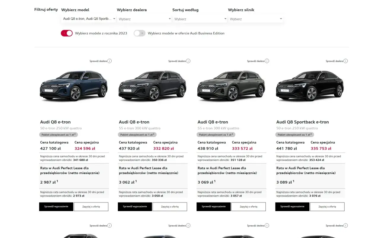 Audi Q8 e-tron i Sportback e-tron w różnych wersjach silnikowych. Sprawdź aktualną audi q8 cena i raty leasingowe.