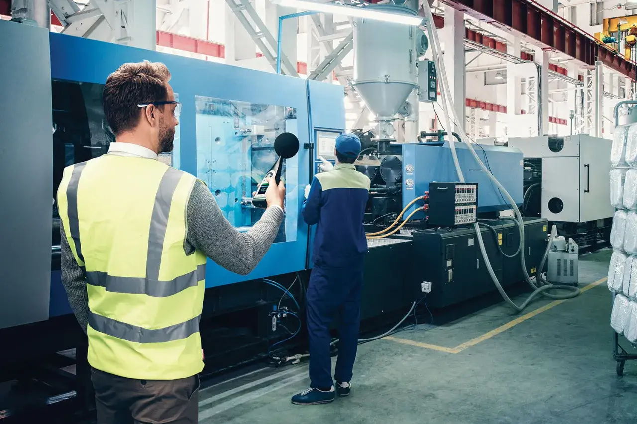 Un técnico con chaleco reflectante mide el nivel de presión sonora de una máquina industrial.