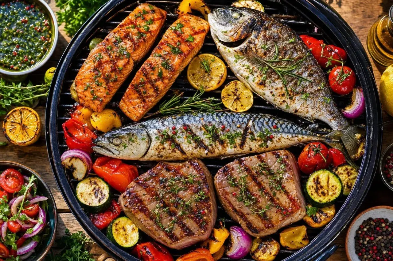 Poisson, saumon et steaks grillés sur un barbecue, accompagnés de légumes et d'une sauce verte. Une parfaite marinade poisson barbecue pour un repas estival.