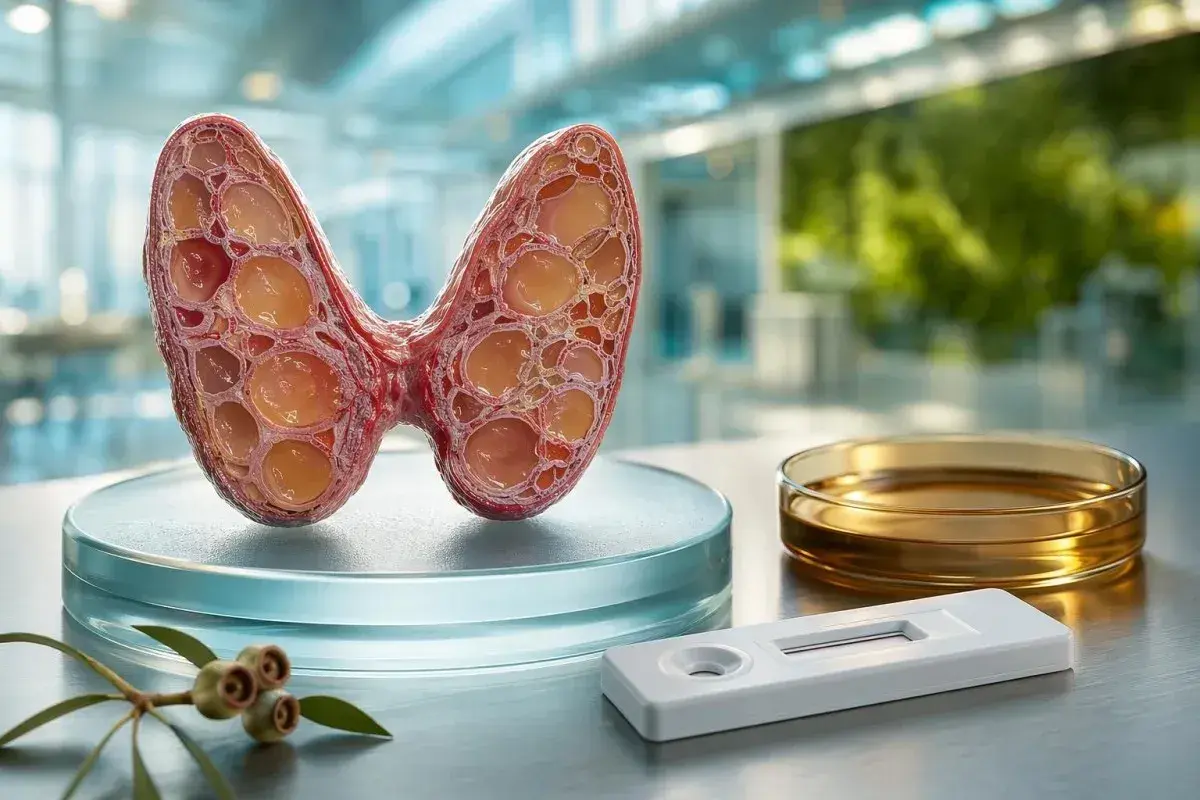 Przekrój tarczycy, gdzie widoczne są pęcherzyki wypełnione płynem. Obok leży test diagnostyczny, sugerujący badanie poziomu tyreoglobuliny.
