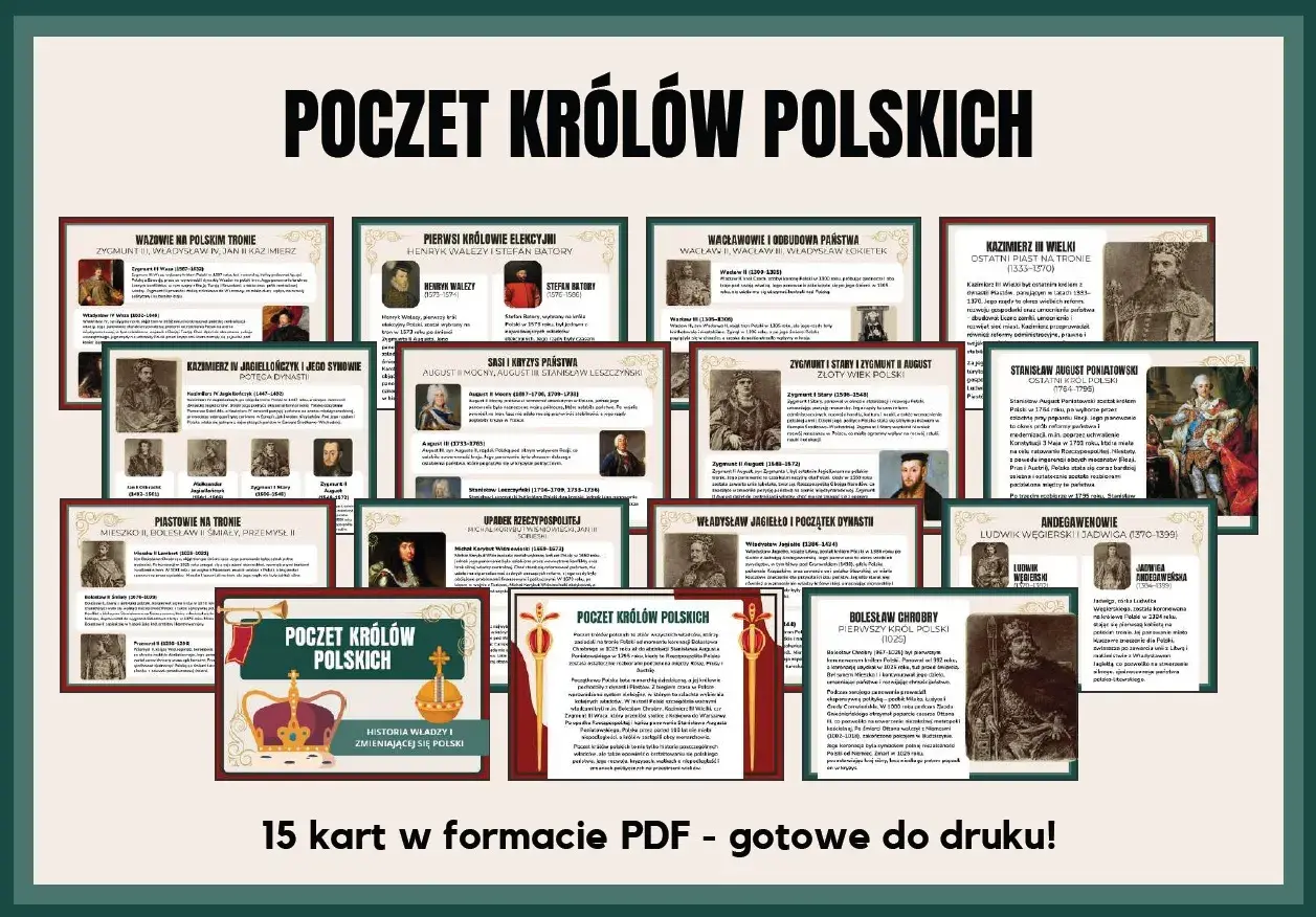Poczet królów polskich: od Mieszka I do Stanisława Augusta. Historia władzy i zmieniającej się Polski. 15 kart PDF.