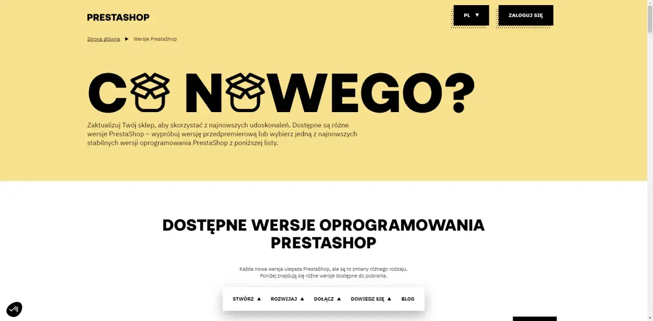 Strona PrestaShop informuje o nowościach i dostępnych wersjach oprogramowania. Zaktualizuj swój sklep, aby skorzystać z najnowszych udoskonaleń PrestaShop.