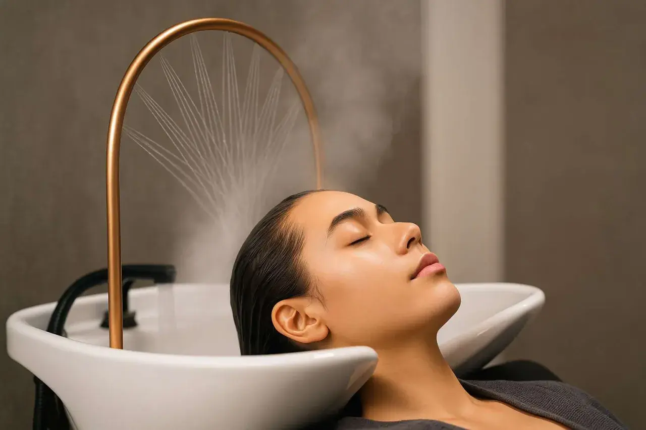 Mujer disfrutando de un tratamiento de spa para el pelo con vapor, relajándose en un lavacabezas.