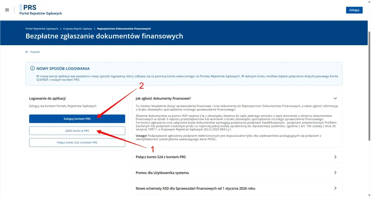 Zgłoszenie sprawozdania finansowego w systemie PRS. Kliknij "Zaloguj kontem PRS" lub "Załóż konto w PRS".