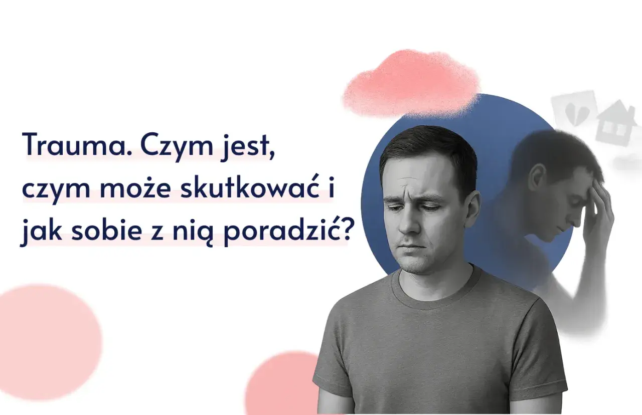 Mężczyzna zamyślony, z odbiciem w tle symbolizującym trauma złożona. Tekst pyta o naturę i radzenie sobie z nią.