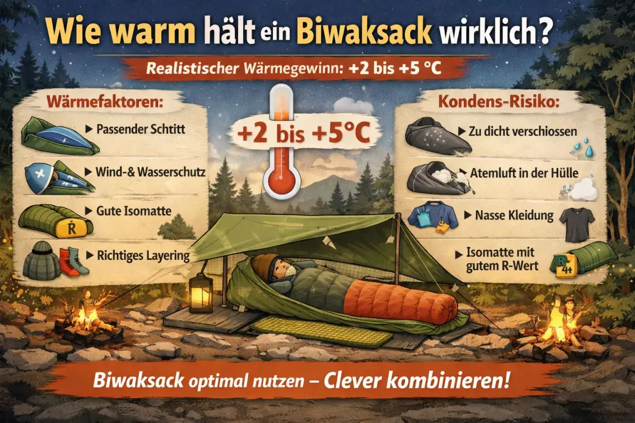 Ein Biwaksack schützt vor Kälte und Nässe. Die Grafik zeigt, wie man ihn optimal nutzt, um die Wärme zu maximieren und Kondenswasser zu vermeiden.