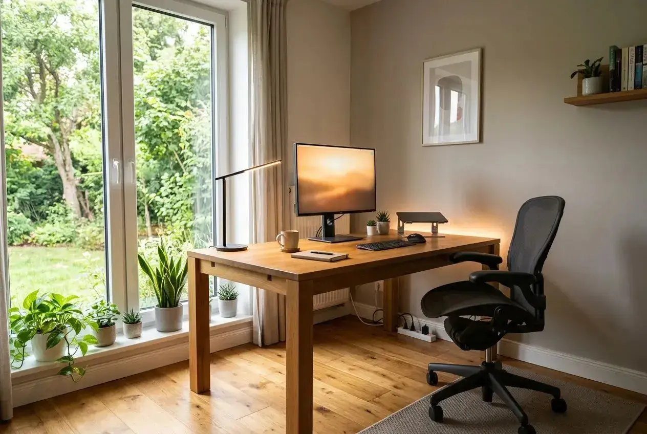 Bureau lumineux avec bureau en bois, plante verte, lampe et écran. L'ensemble respecte la norme éclairage bureau pour un confort visuel optimal.