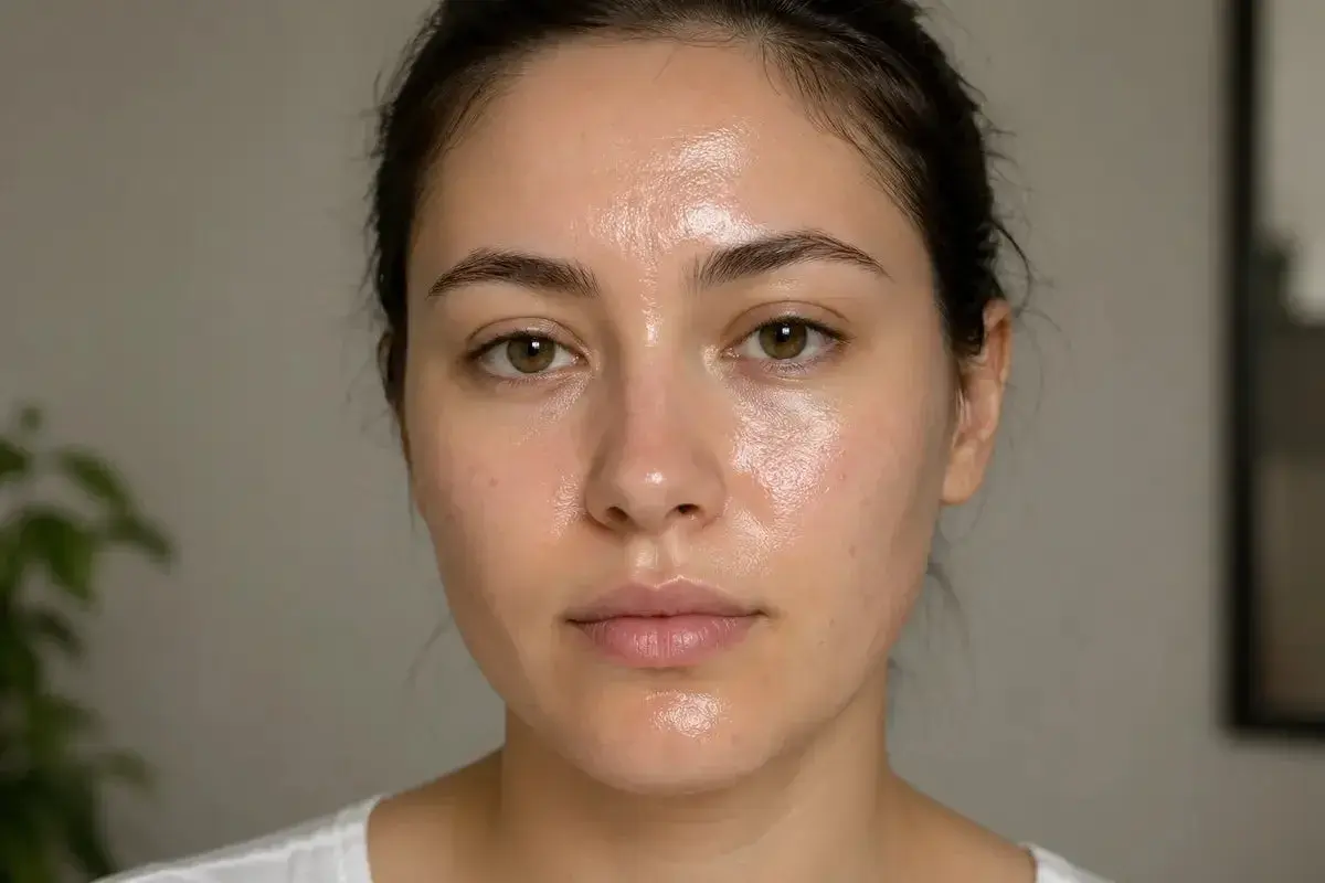 Błyszcząca cera z widocznym sebum, podkreślająca naturalne piękno.