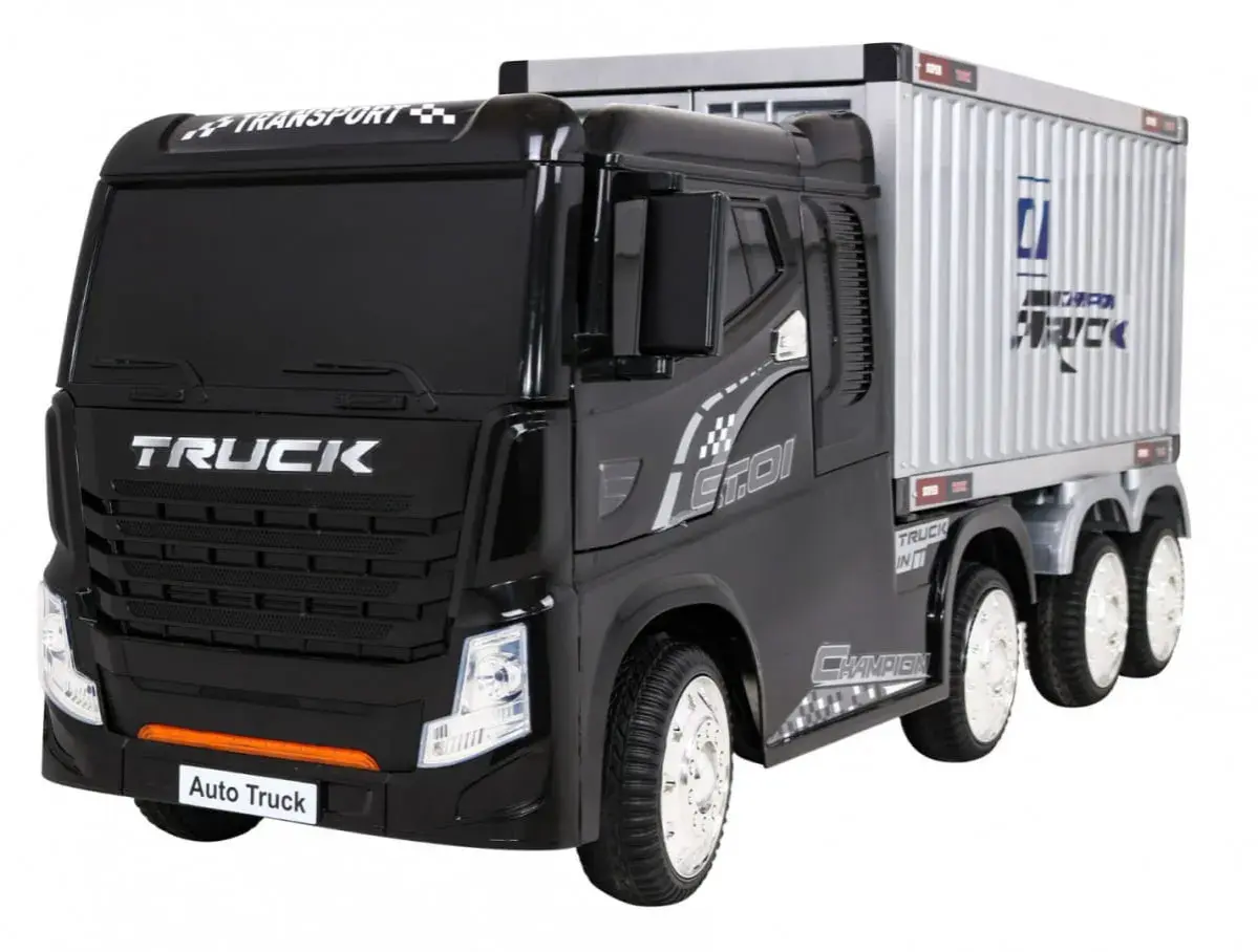 Czarny tir z przyczepą, z napisem "TRUCK" na masce. Idealny do transportu zabawek.