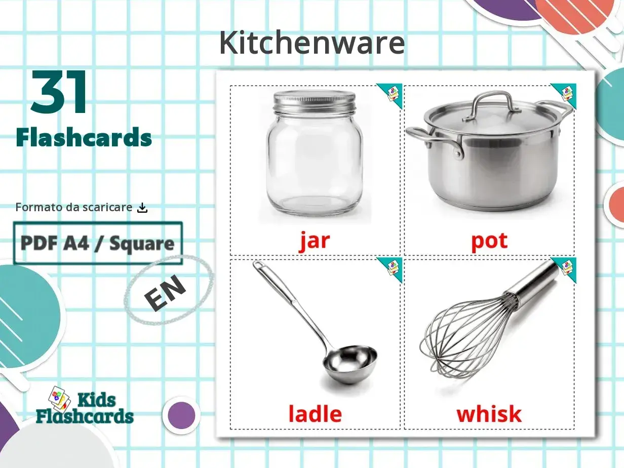 Flashcards di "Kitchenware" con barattolo (jar), pentola (pot), mestolo (ladle) e frusta (whisk) in inglese.