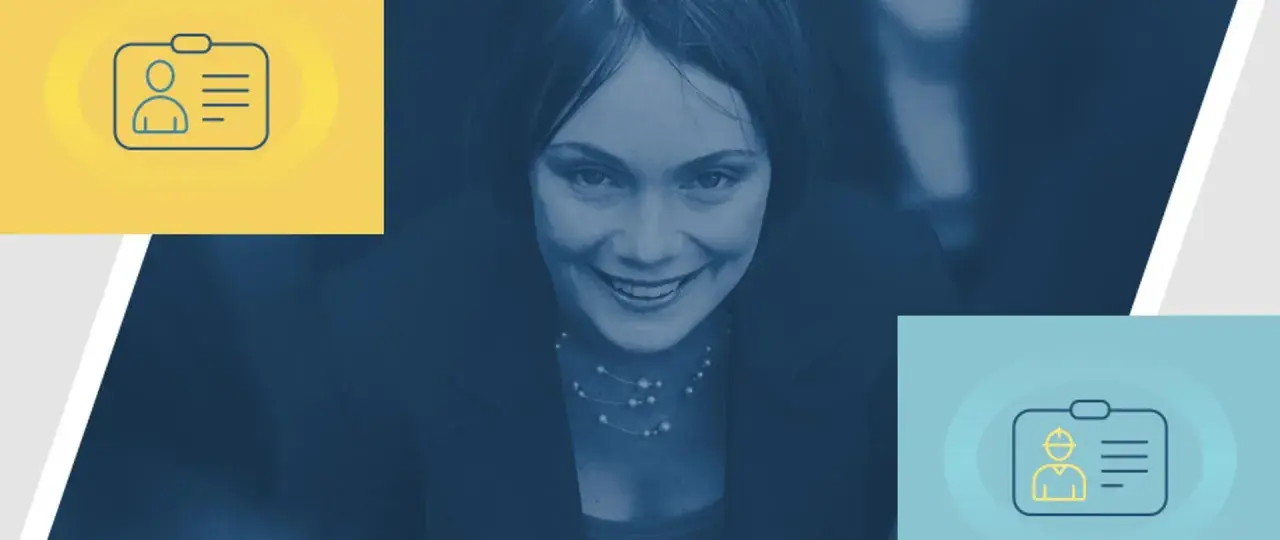 Uśmiechnięta kobieta w garniturze, obok niej ikony identyfikatora podatkowego.