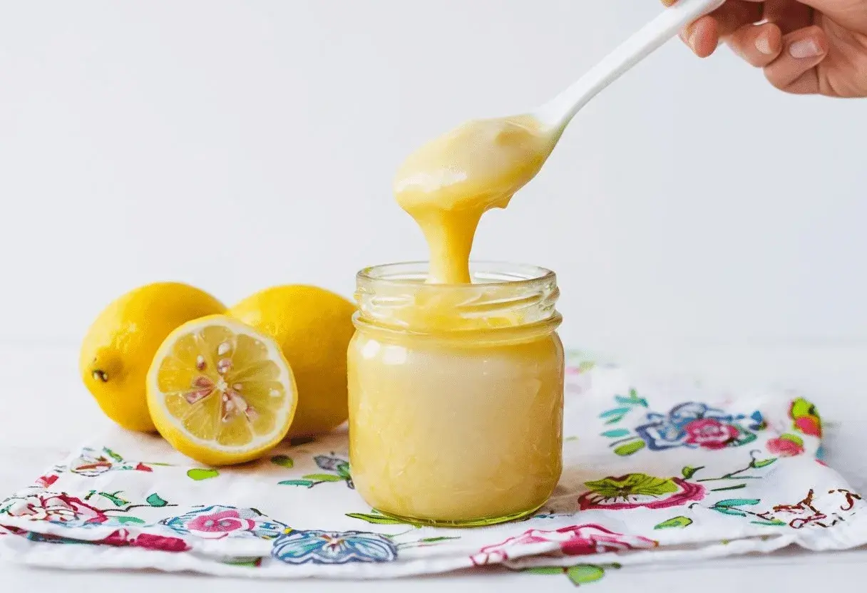 Cucharada de cremoso lemon curd cayendo en un frasco, junto a limones frescos sobre un paño floral.