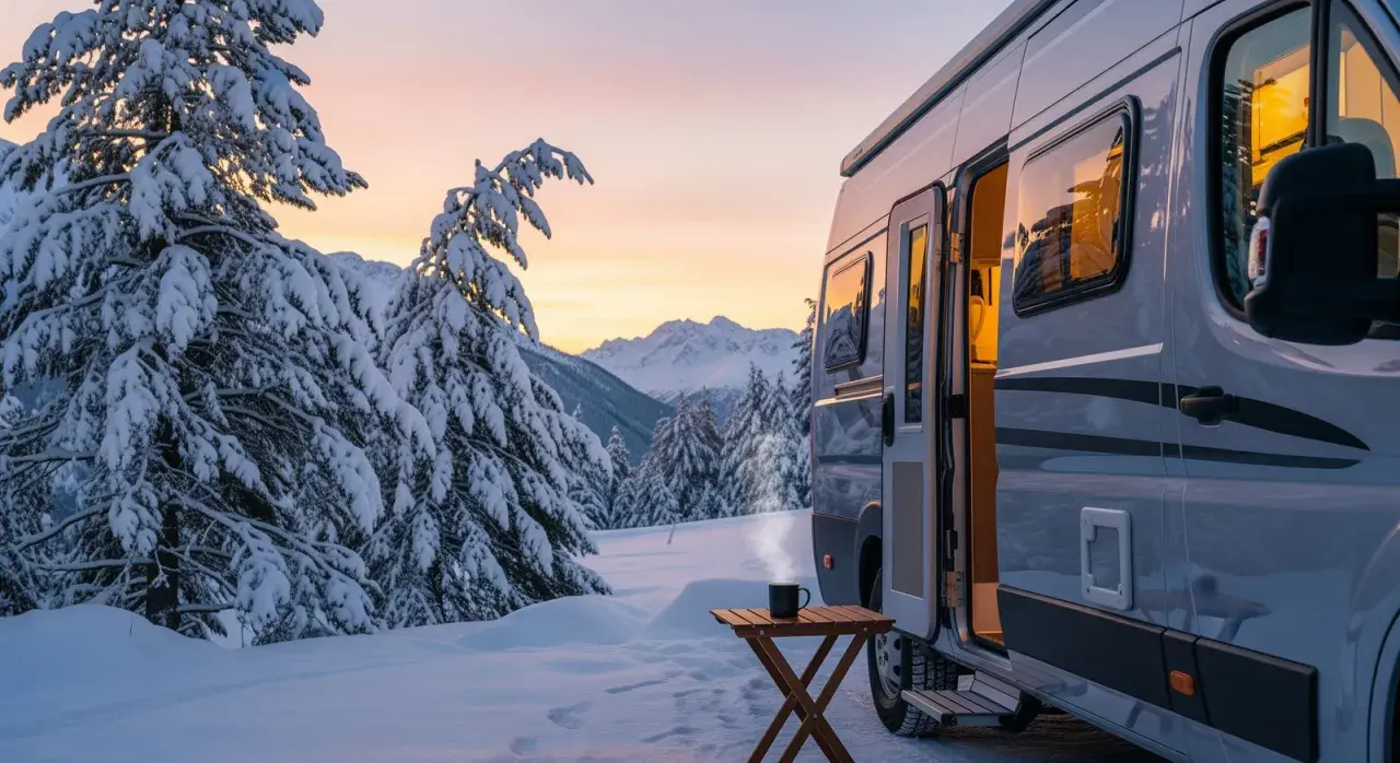 Zimowy polski caravaning. Kamper w śniegu, gorąca kawa na stoliku, zaśnieżone drzewa i góry o zachodzie słońca.