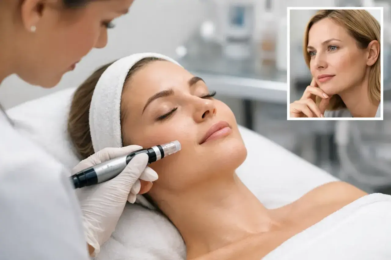 Ansiktsbehandling för mogen hud. En kvinna får microneedling för att förbättra hudens textur och lyster.