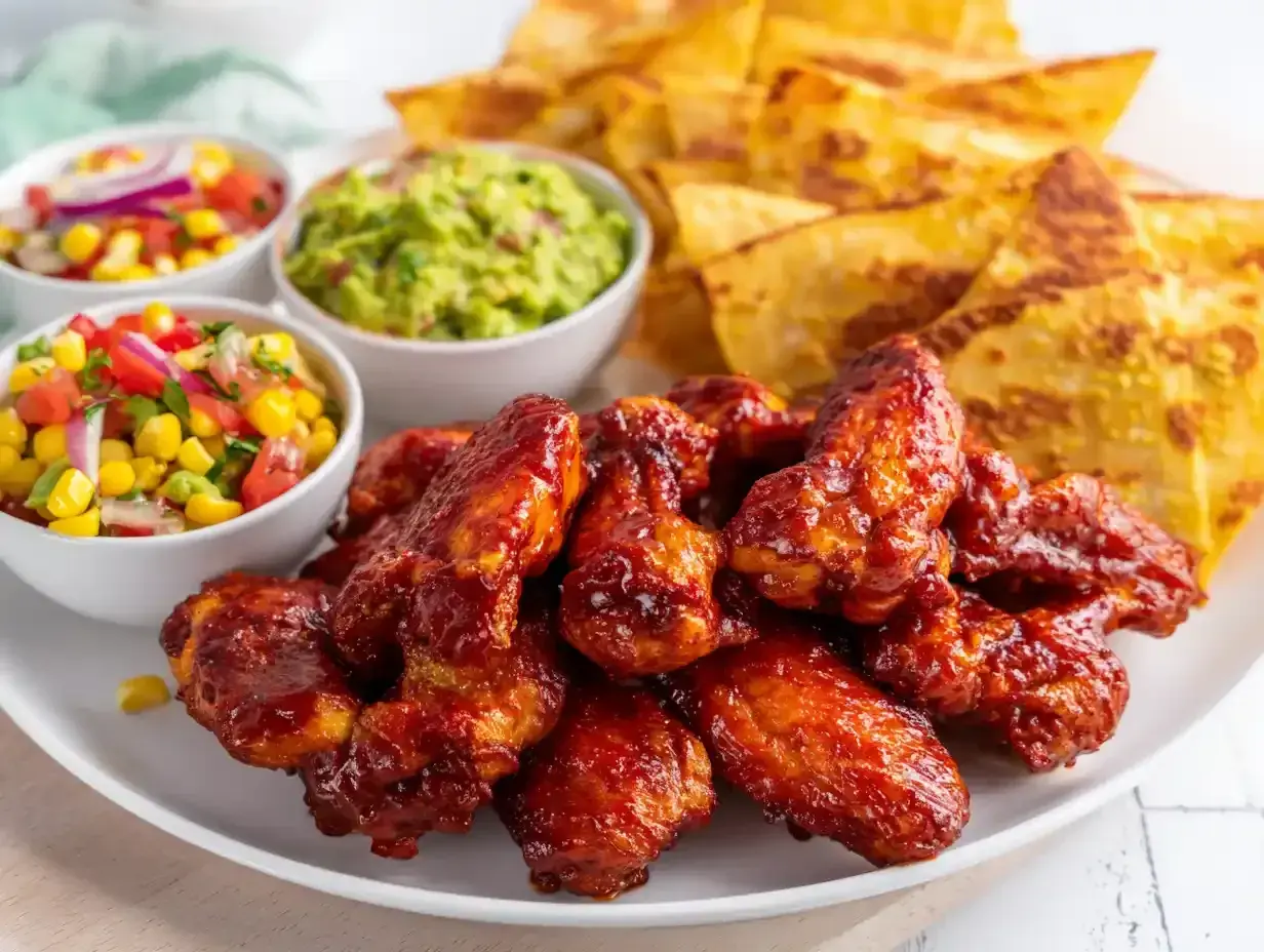 Saftiga kycklingvingar i ugn med tortillachips, guacamole och salsa. Perfekt för en festlig middag!