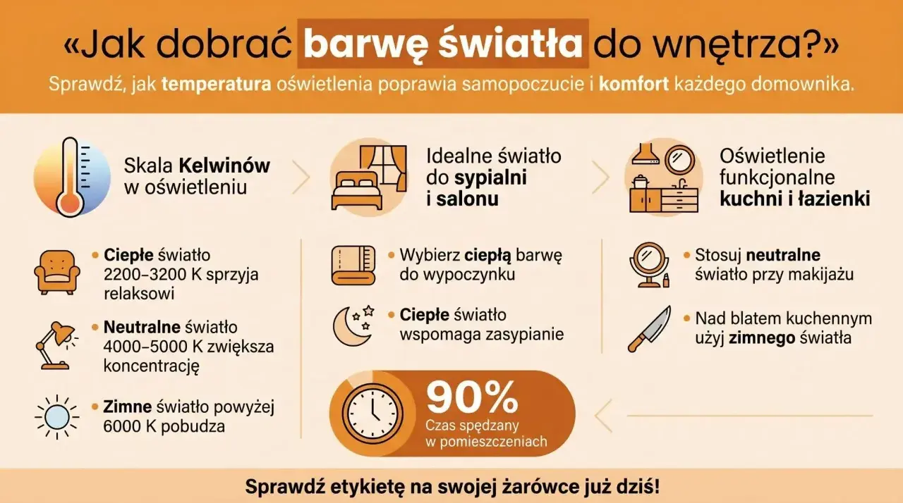 Rodzaje światła: ciepłe (2200-3200K) do relaksu, neutralne (4000-5000K) do koncentracji, zimne (powyżej 6000K) do pobudzenia.