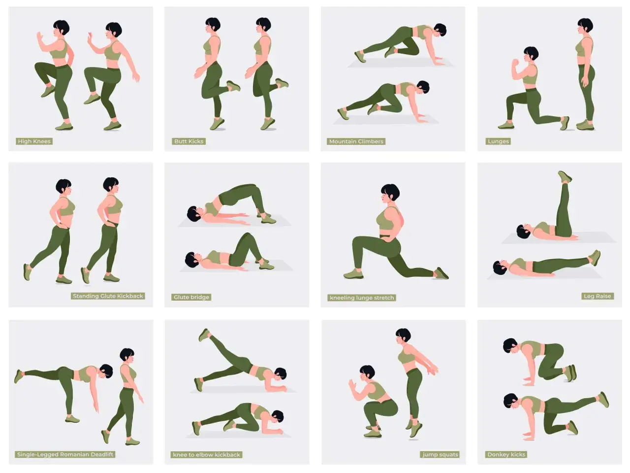 Illustrazione di esercizi per i glutei corpo libero: affondi, ponte glutei, donkey kicks e altri movimenti per tonificare.