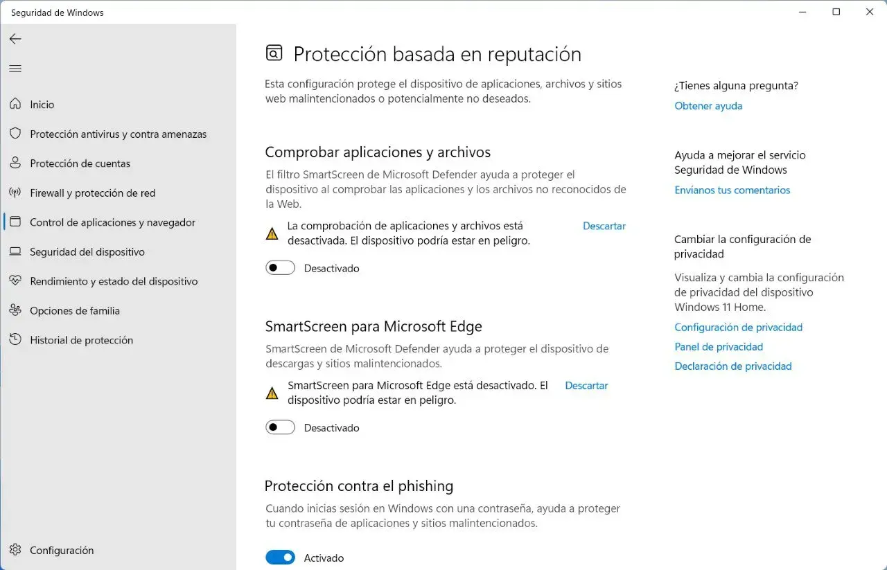Configuración de Seguridad de Windows: SmartScreen para Microsoft Edge y comprobación de apps desactivadas.