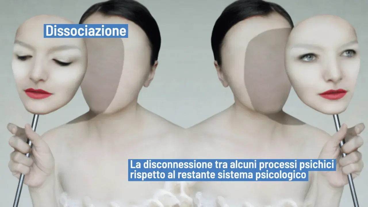 Due volti speculari tengono maschere, evocando la paura di essere posseduto e la dissociazione.