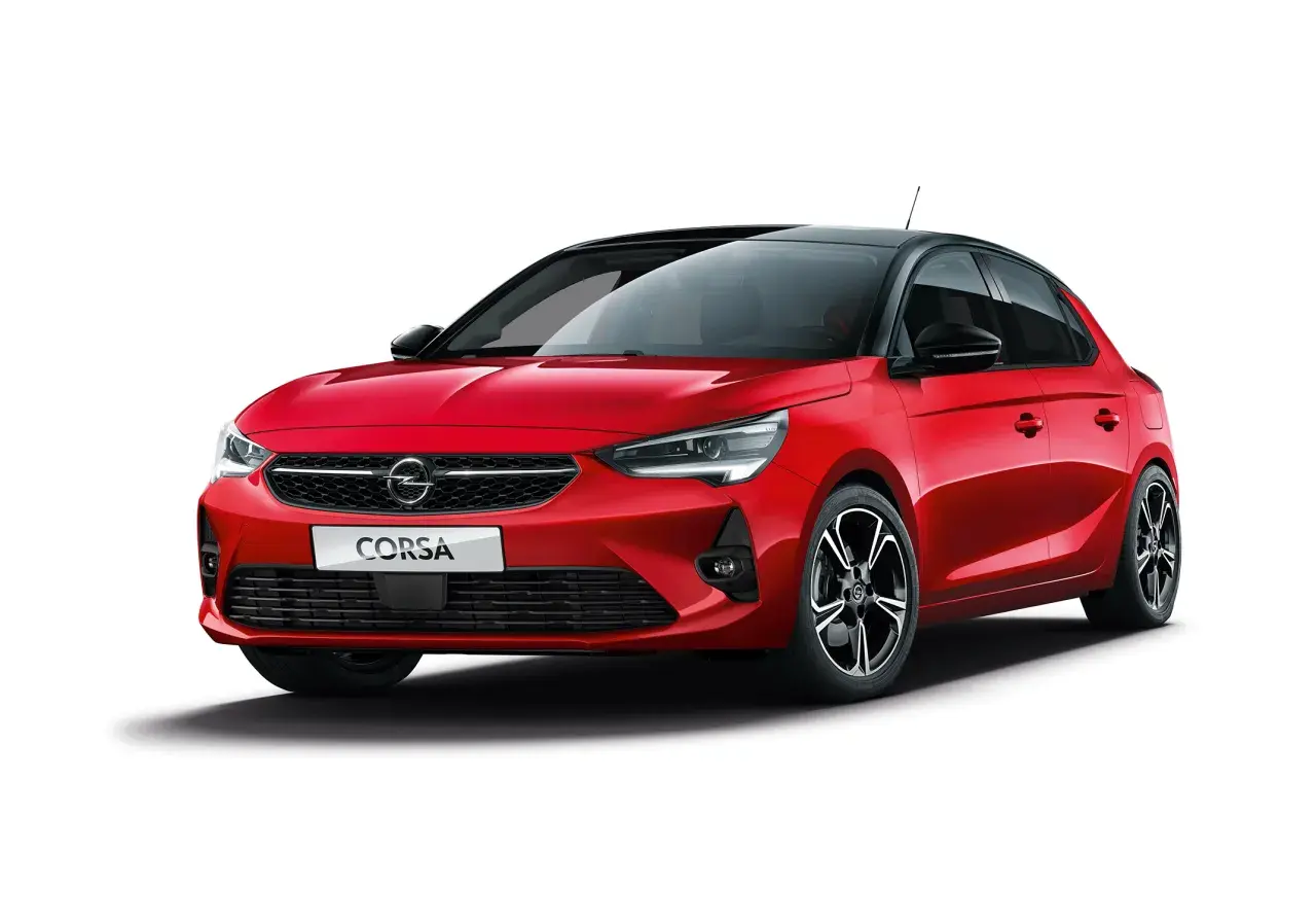 Röd Opel Corsa med svart tak. En snygg bil som kan ha opel corsa 1.2 vanliga fel, men ser bra ut på bild.