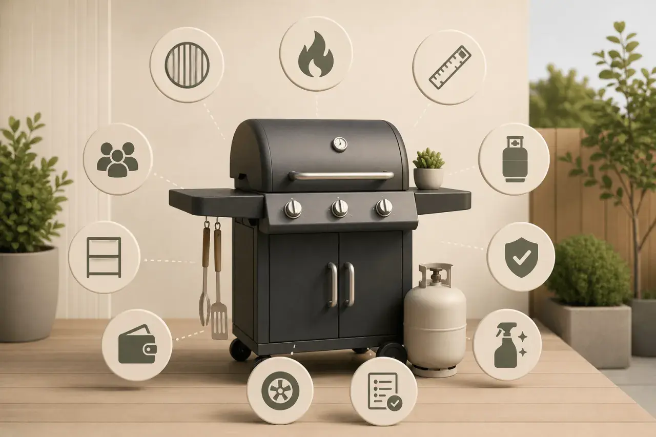 En klotgrill bäst i test, omgiven av ikoner som symboliserar familj, matlagning, säkerhet och rengöring. Perfekt för sommarens grillfester!