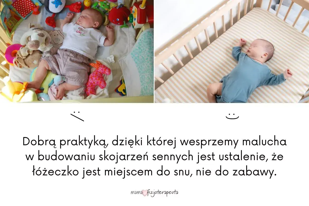 Dwa zdjęcia dzieci śpiących w łóżeczku. Psychologia spania z dzieckiem: łóżeczko to miejsce snu, nie zabawy.