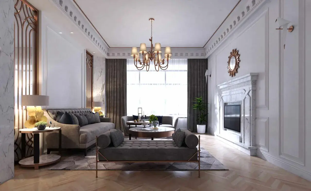Elegancki salon w stylu tradycyjnym z marmurowym kominkiem, wygodnymi sofami i stylowym żyrandolem.