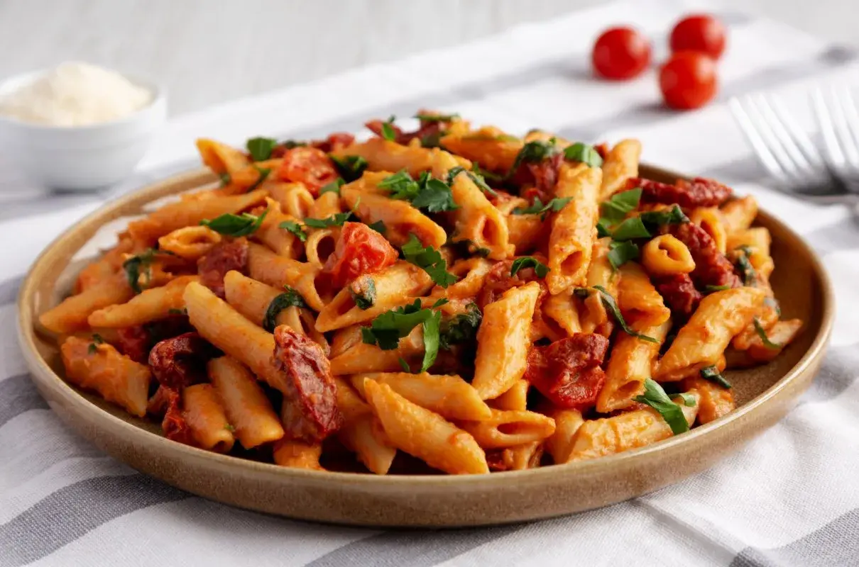 Penne w kremowym sosie pomidorowym z suszonymi pomidorami i bazylią. Pyszne makaron po toskańsku, gotowe do podania.