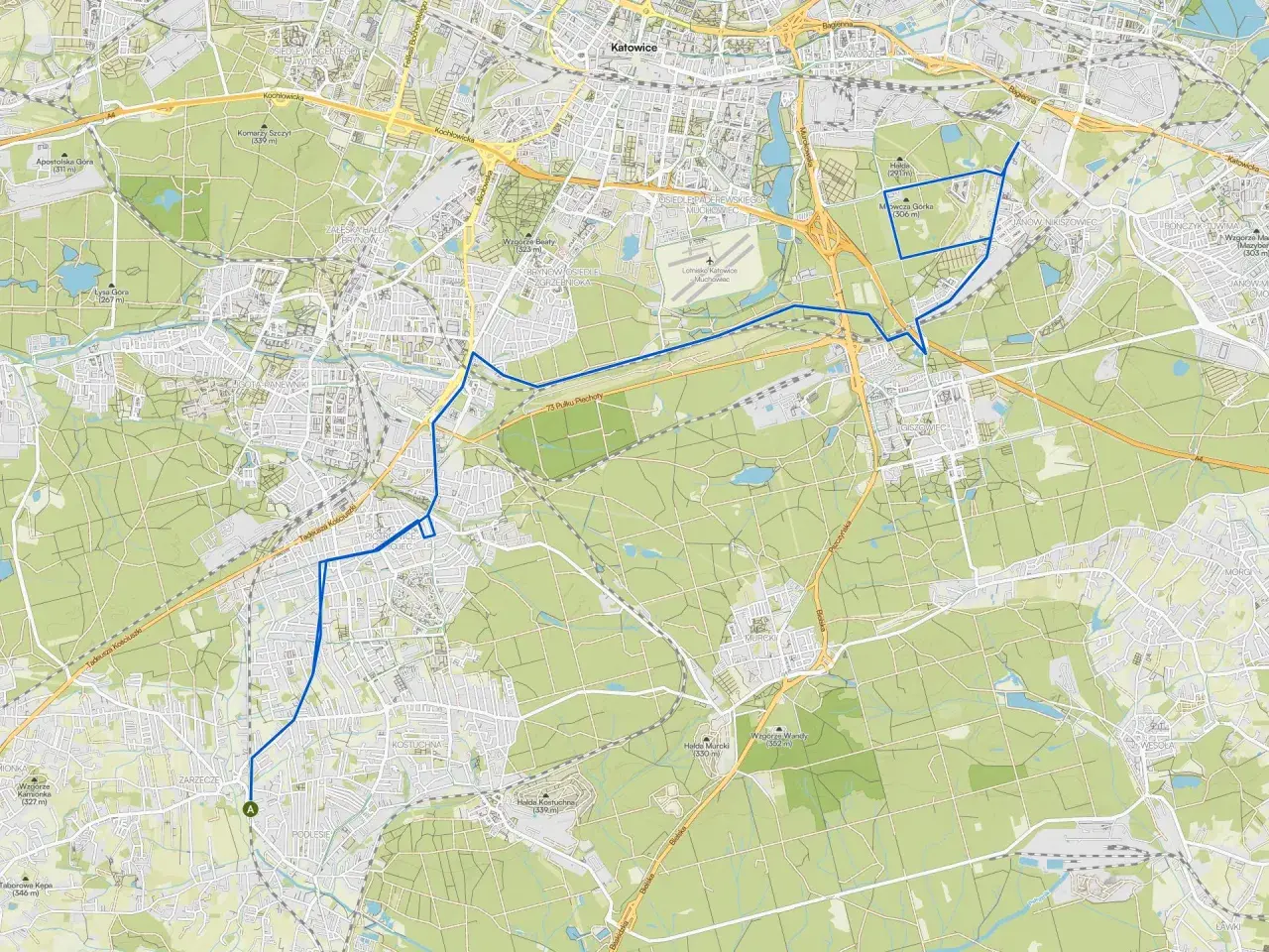 Mapa z zaznaczonymi trasami rowerowymi Katowice, prowadzącymi przez tereny zielone i osiedla.