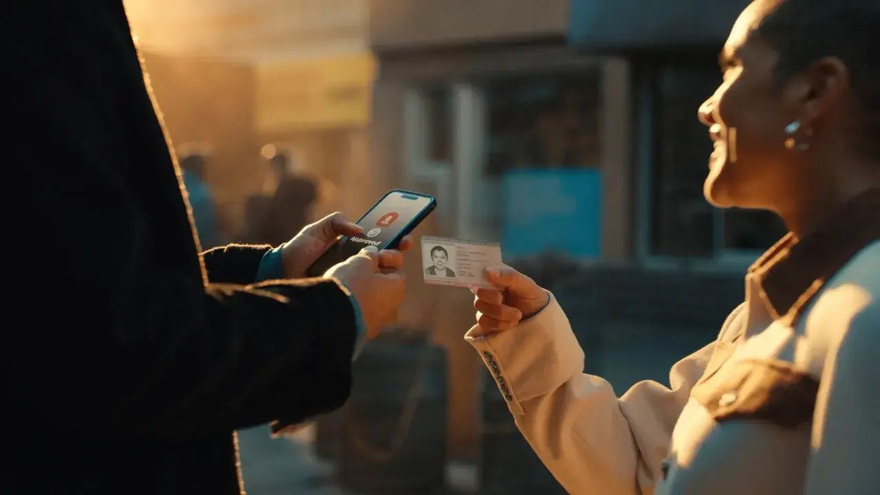 Osoba trzyma telefon z napisem "Approved" i kartę pobytu. Szybka pożyczka na kartę pobytu.