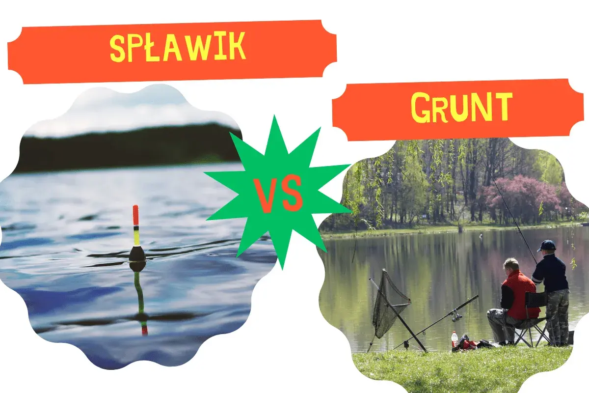 Spławik na wodzie kontra dwaj wędkarze łowiący na gruncie.