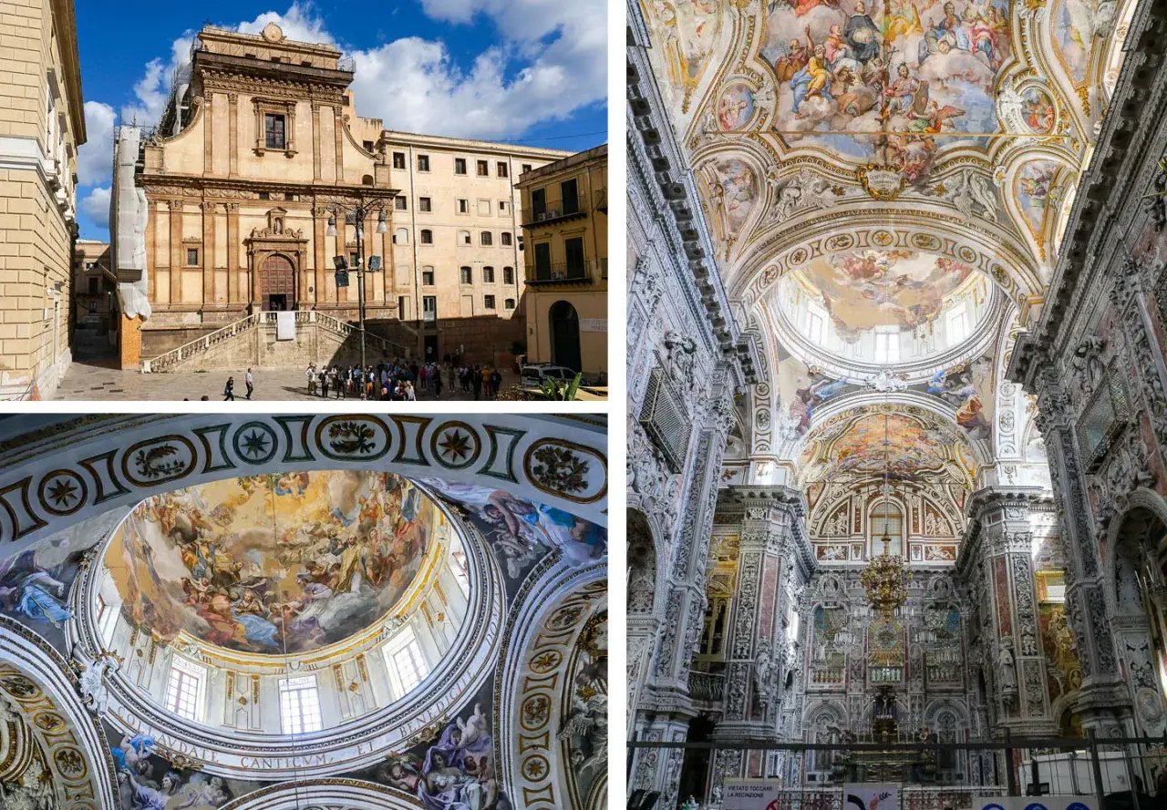Visiter Palerme : façade d'une église baroque et son intérieur orné de fresques spectaculaires. La coupole est un chef-d'œuvre.