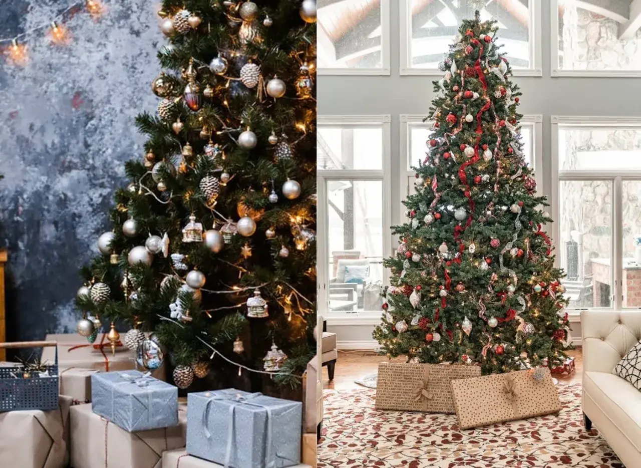 Två julgranar med julgrans inspo. En gran med silverkulor och ljusslingor, den andra med röda band och julgranskulor. Presenter ligger under båda.