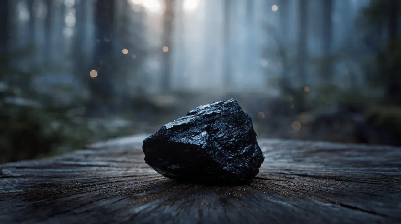 Piedra shungit oscura y brillante sobre madera rústica, con un bosque brumoso y luces bokeh al fondo.