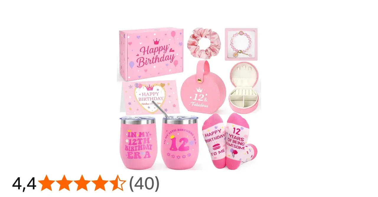 Set regalo per idee festa compleanno 12 anni ragazza: scatola, scrunchie, bracciale, portagioie, bicchieri e calzini a tema.