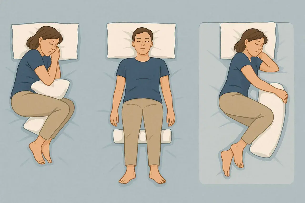 Posizioni per dormire: supino con cuscino tra le ginocchia per alleviare il nervo sciatico gamba sinistra, o su un fianco con cuscino tra le gambe.