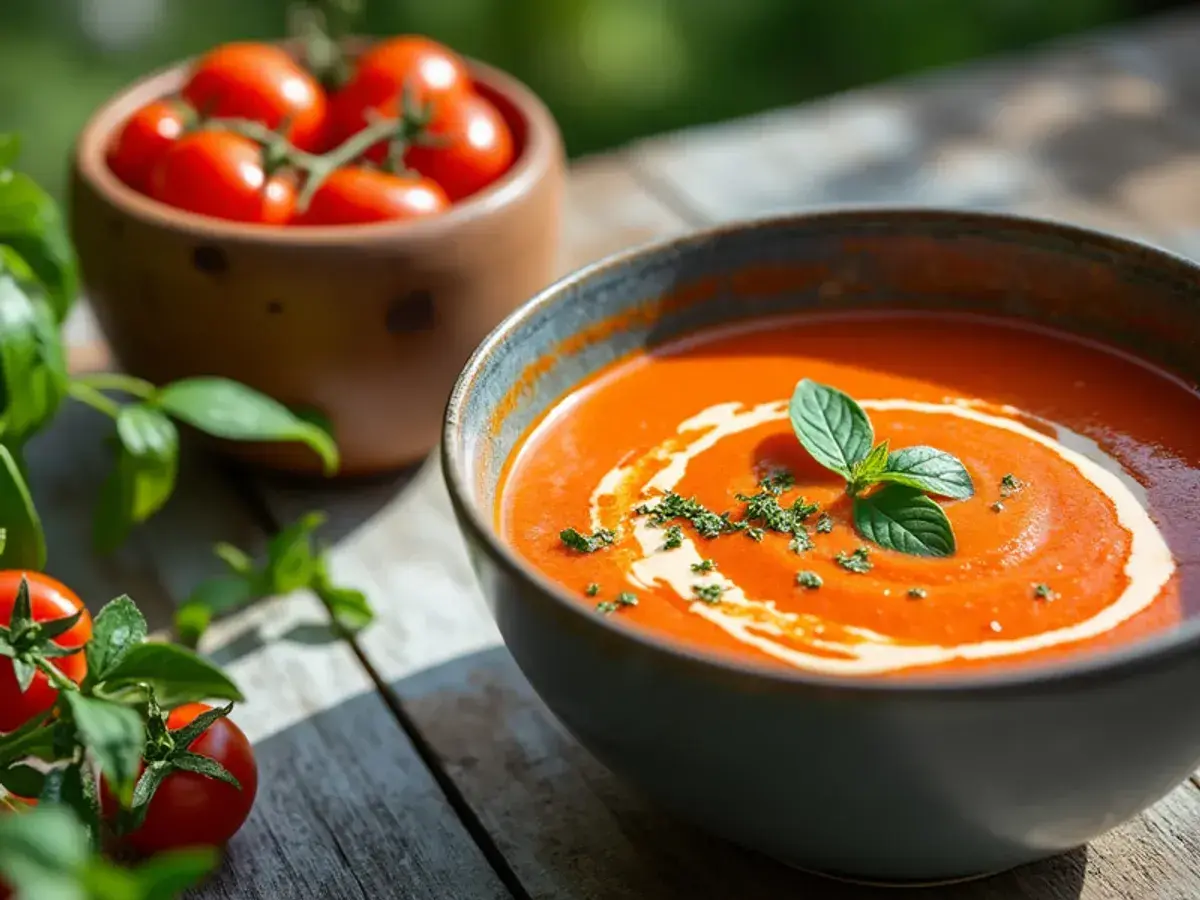 En skål med krämig tomatsoppa, garnerad med grädde och basilika. Bredvid syns färska tomater och gröna blad, perfekt för ett enkelt tomatsoppa recept.