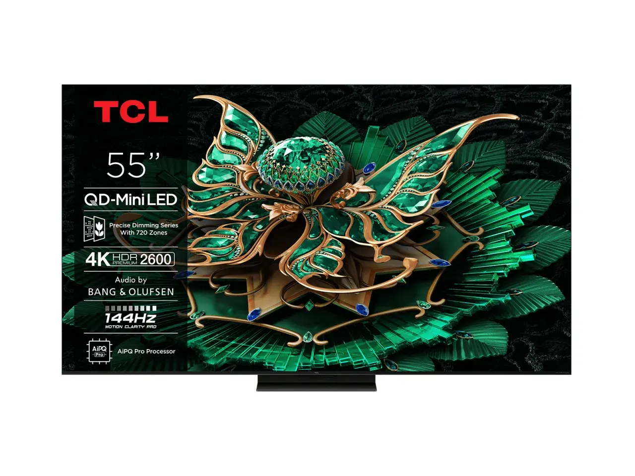 Telewizor TCL 55C7K z ekranem QD-Mini LED, 4K HDR 2600, dźwiękiem Bang & Olufsen i procesorem AiPQ Pro.