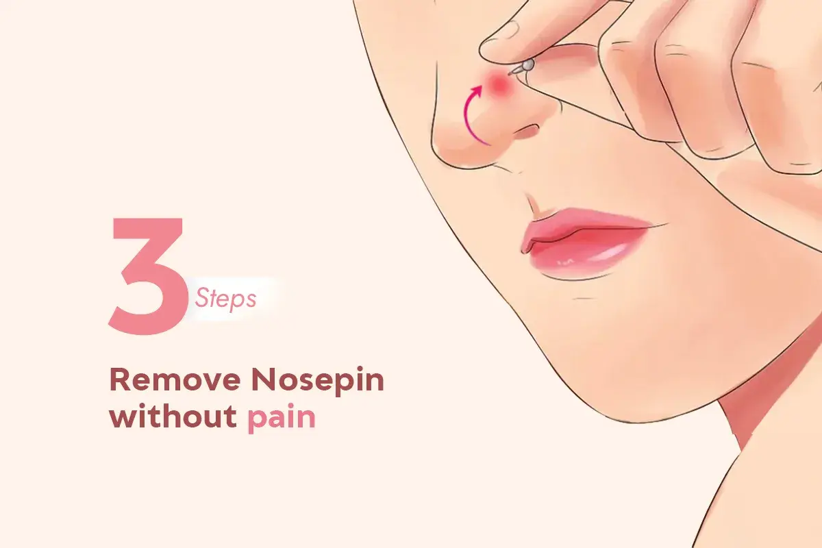 Dłoń zdejmuje kolczyk z nosa, obok cyfra 3 i napis "Remove Nosepin without pain".