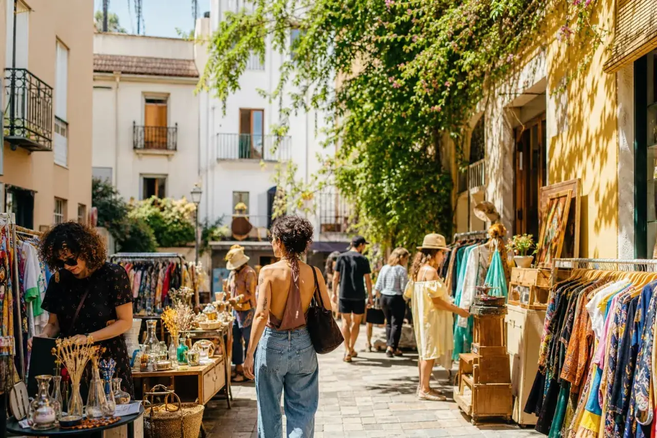 Gente comprando ropa y objetos decorativos en un animado rastro de Valencia, bajo la sombra de árboles frondosos.