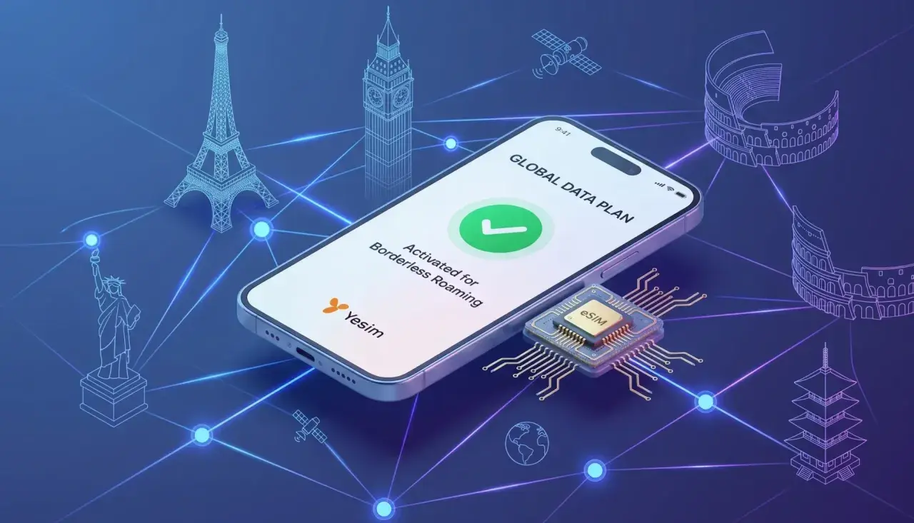 Jak sprawdzić, czy telefon obsługuje eSIM? Na ekranie telefonu widać "GLOBAL DATA PLAN" i "Activated for Borderless Roaming". Obok znajduje się chip z napisem eSIM.
