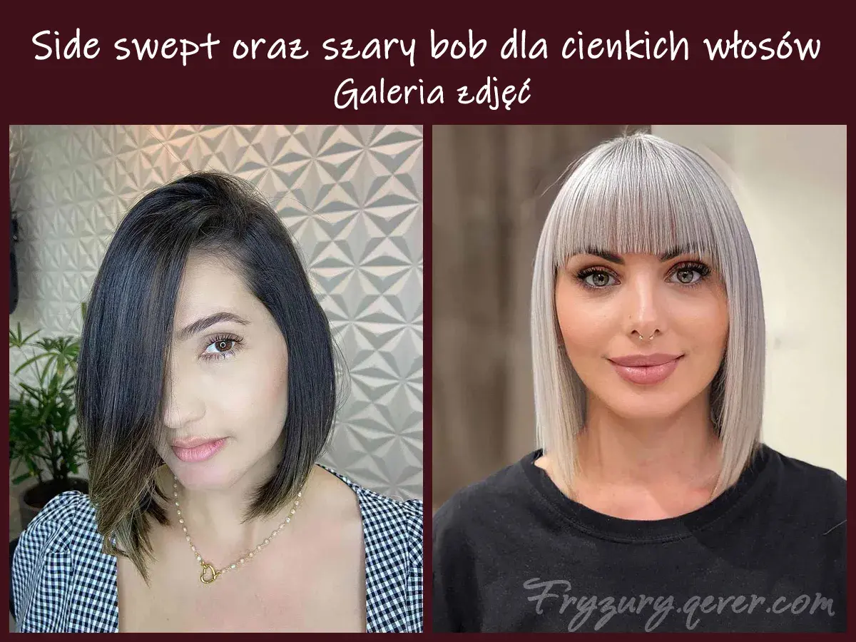 Dwie kobiety z różnymi fryzurami bob: jedna z ciemnymi włosami zaczesanymi na bok, druga z jasnymi, szarymi włosami i grzywką.