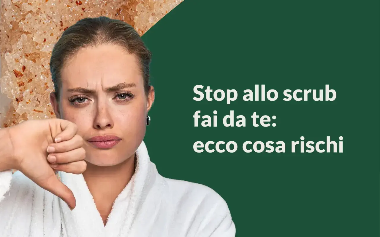 Donna con pollice verso, accanto a un esfoliante corpo. "Stop allo scrub fai da te: ecco cosa rischi".